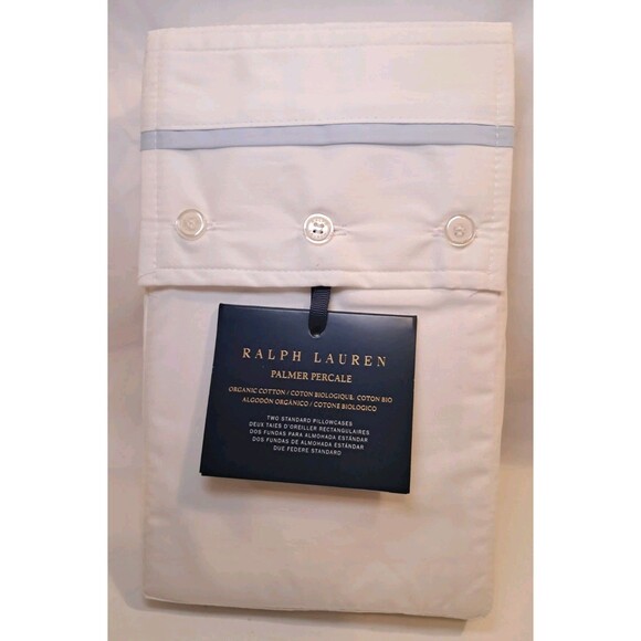 NEW Ralph Lauren Palmer Percale Org Cotton 2 Standard Pillowcases White Sky Blue - Picture 1 of 10